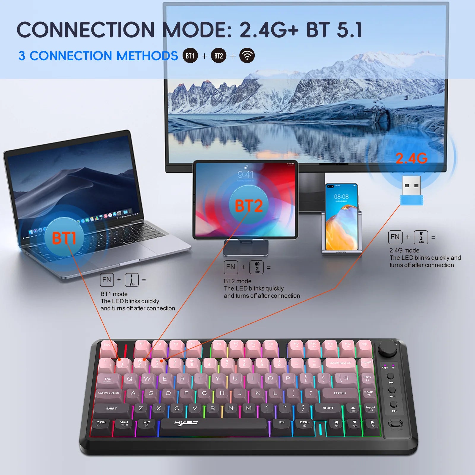 Bluetooth + 2.4G wireless membrane keyboard gradual change rechargeable colorful compact office game keyboards Teclado sem fio