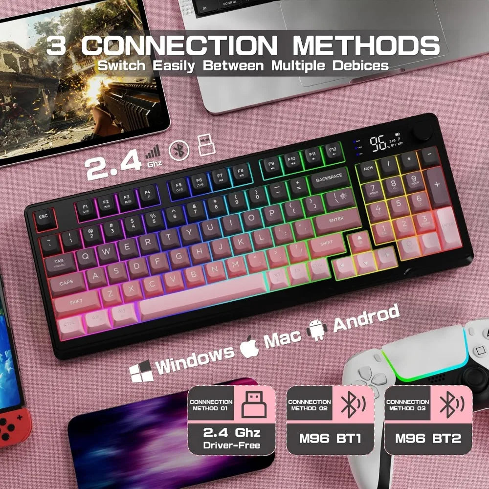 Wireless Keyboard 94 Keys, Quiet Typing, RGB Backlit, Rechargeable with Display & Knob, Compatible with PC, Mac, Linux