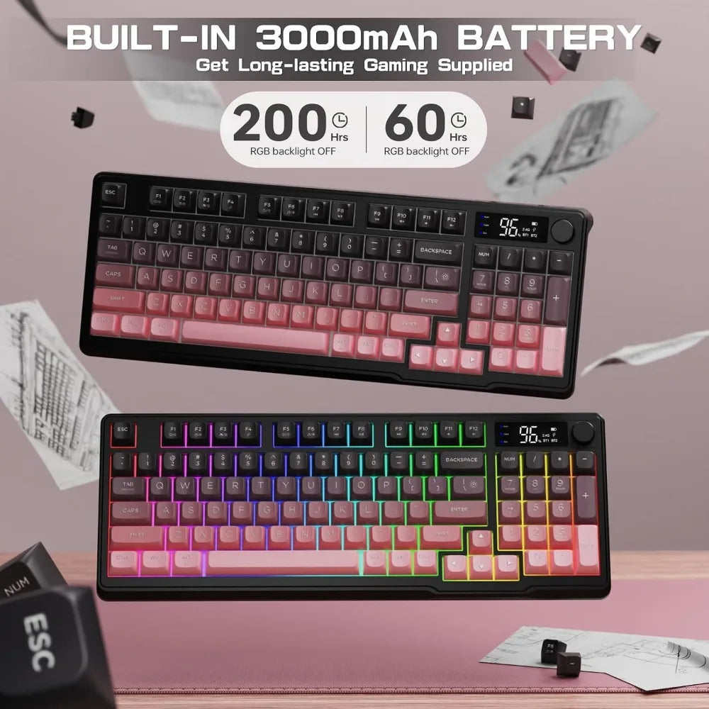 Wireless Keyboard 94 Keys, Quiet Typing, RGB Backlit, Rechargeable with Display & Knob, Compatible with PC, Mac, Linux