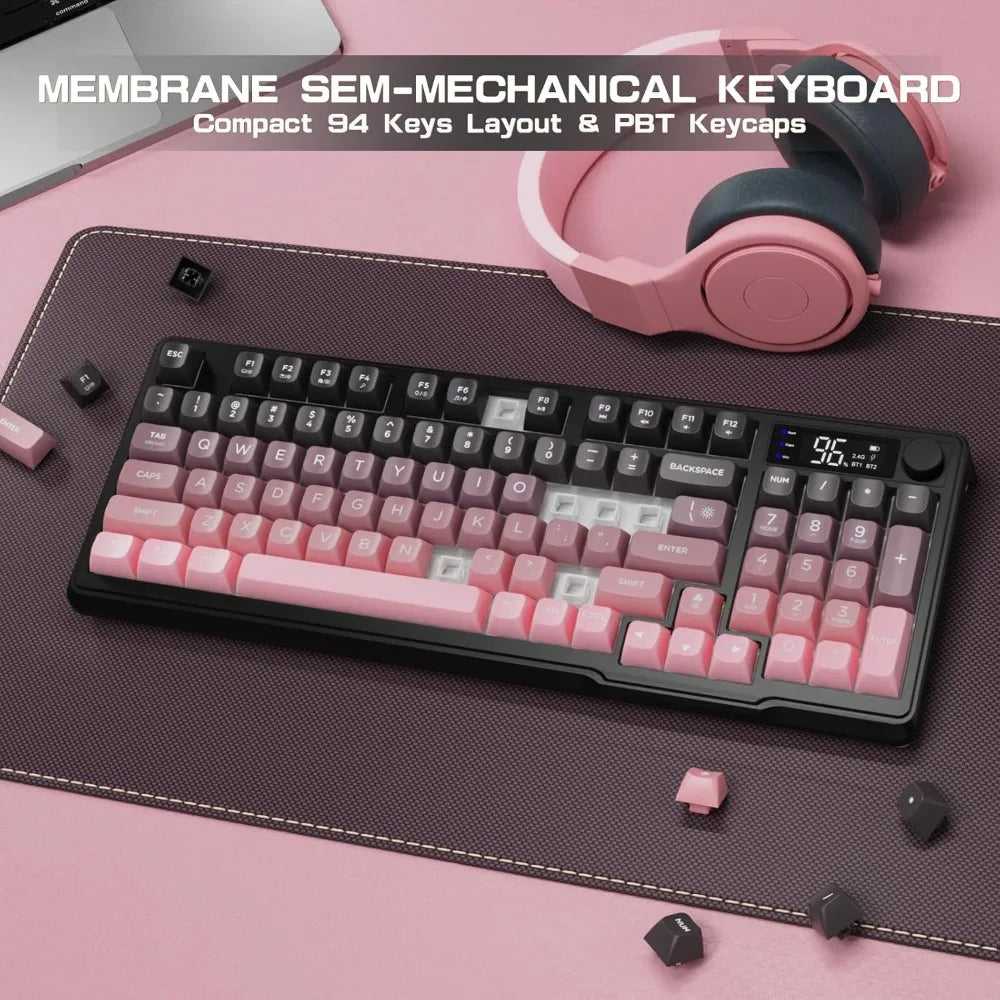 Wireless Keyboard 94 Keys, Quiet Typing, RGB Backlit, Rechargeable with Display & Knob, Compatible with PC, Mac, Linux