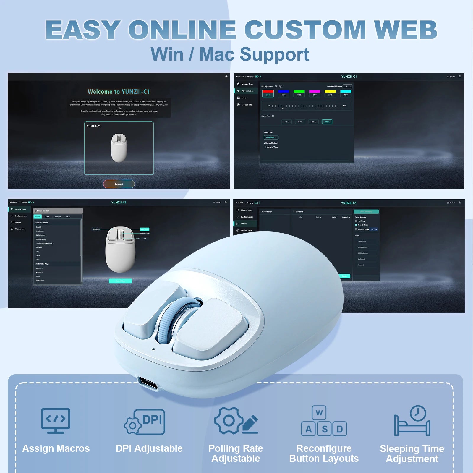 YUNZll C1 Silicone Wireless Mouse, Tri-Mode Bluetooth Mouse, Optical Tracking,Customize Mice for Laptop, Computer, iPad, MacBook