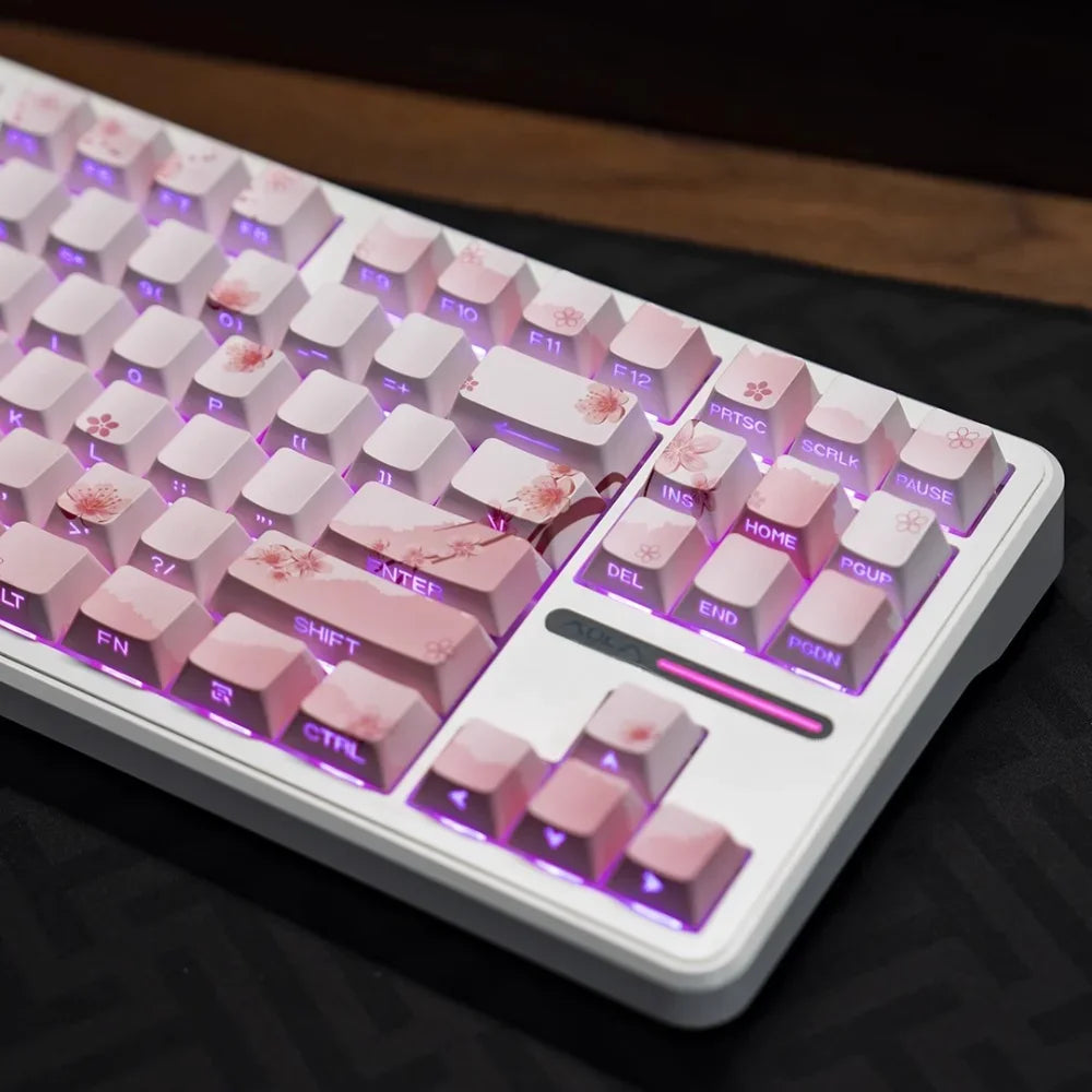 Pink Cherry Blossom Keycap with Side Engraved Translucent PBT 127 Keys Compatible with MX Mechanical Keyboard 61 75 86 104 108