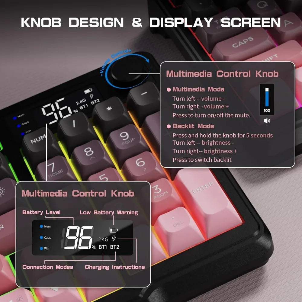 Wireless Keyboard 94 Keys, Quiet Typing, RGB Backlit, Rechargeable with Display & Knob, Compatible with PC, Mac, Linux